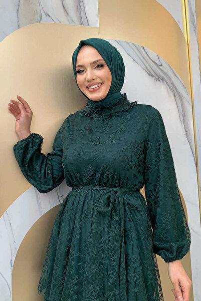 Bym Fashion Δαντελένιο πάτωμα Λεπτομέρεια μανίκια μανίκια ελαστικό φόρεμα με επένδυση 3614 Emerald