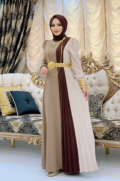 Bym Fashion Τρίχρωμη ζώνη μέσης πιέτες λεπτομέρειας Φόρεμα 3622 Mink
