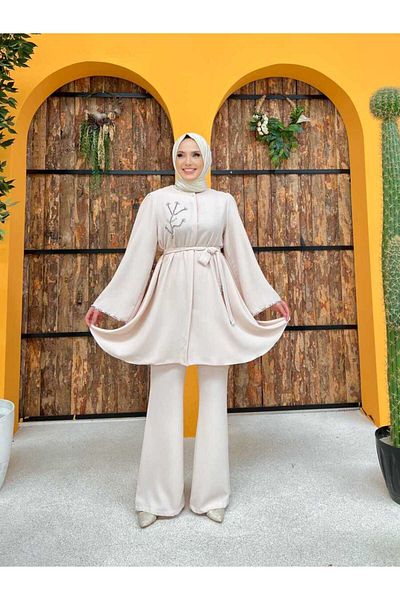 Bym Fashion Πέτρα Κέντημα Λεπτομερές Τούνικ και Παντελόνι Ζώνης 8432 Πέτρα