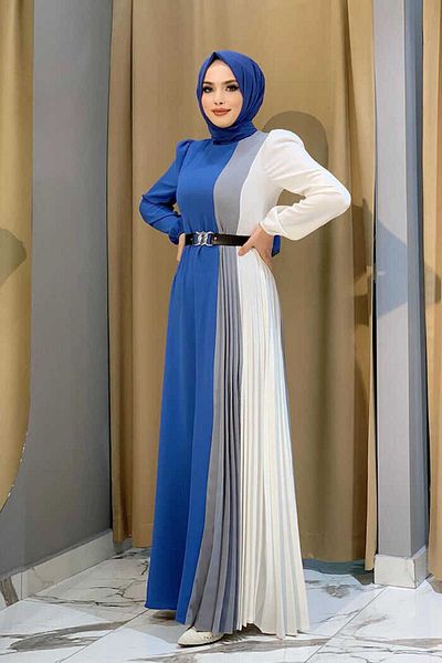 Bym Fashion Τρίχρωμη ζώνη μέσης πιέτες λεπτομέρειας φόρεμα 3622 Indigo