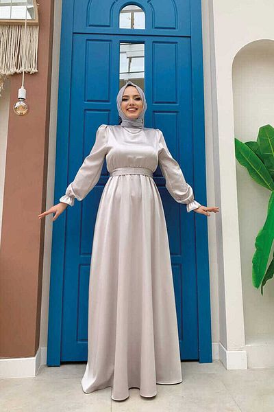 Bym Fashion Derék szárny részletes Sima szatén estélyi ruha 3791 szürke