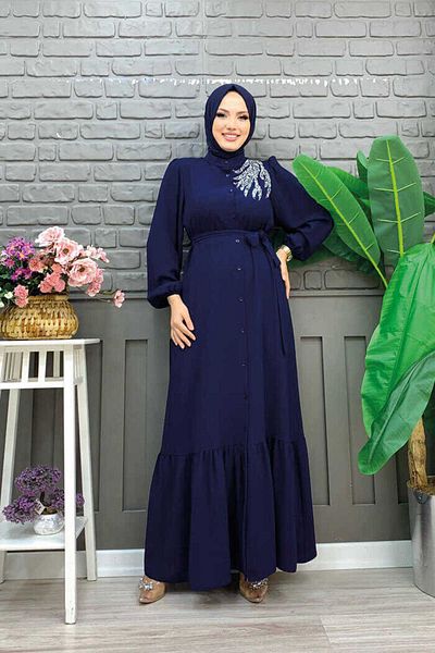 Bym Fashion Λεπτομερές φόρεμα Ferace 3840 Navy Blue με κέντημα με κουμπιά