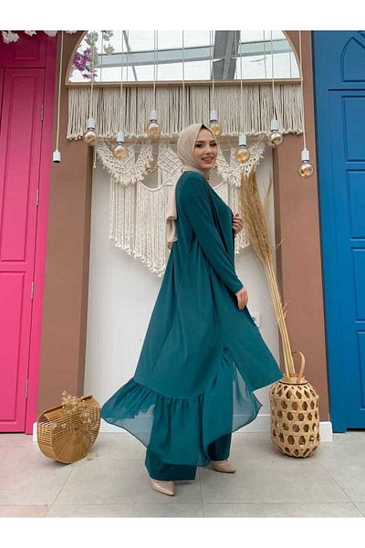 Bym Fashion Σιφόν Ruffle Appearance Τριπλό Σετ με Αμπαζούρ 8411 Emerald