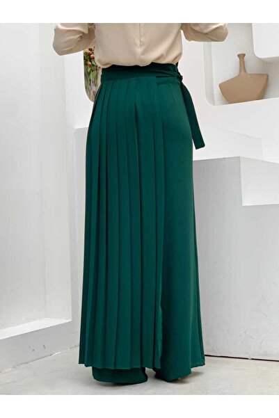 Bym Fashion Piliseli Ayrı Bağlamalı Parça Detaylı Pantolon Etek 0274 Zümrüt