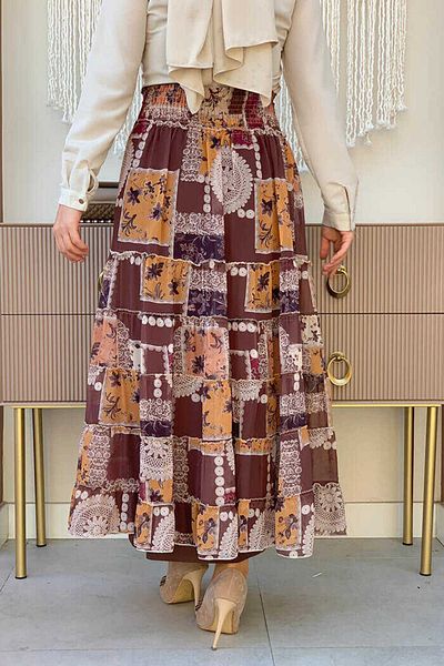 Bym Fashion Φούστα σιφόν με μοτίβο με λεπτομέρειες σε χοντρή μέση 1182 καφέ