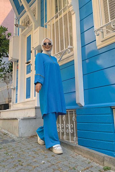 Bym Fashion Πέτρινο Κέντημα Λεπτομερές τουνίκ Κοστούμι με Παντελόνι 8464 Μπλε