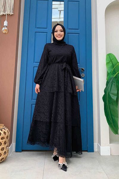 Bym Fashion Δαντελένια παχιά λεπτομέρεια μανσέτες με ελαστική ζώνη φόρεμα 3614 μαύρο