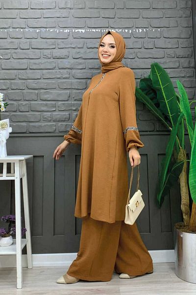 Bym Fashion Πέτρινο Κέντημα Λεπτομερές τουνίκ Κοστούμι με Παντελόνι 8464 Ταν
