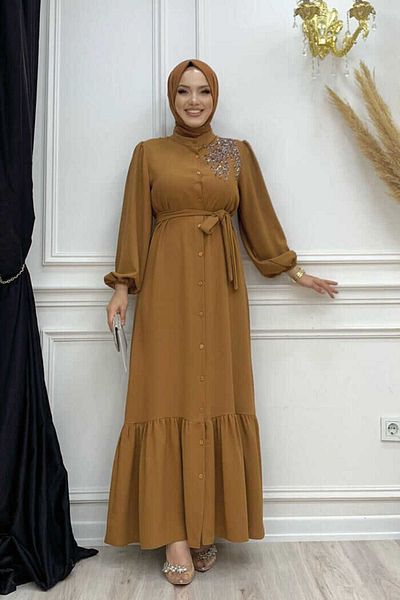 Bym Fashion Κέντημα με κουμπιά ώμου Λεπτομερές φόρεμα Ferace 3840 Tan