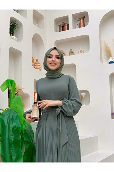 Bym Fashion Sukňa skladaná podrobný pás s opaskom rukávové manžety elastický overal 3704 mint