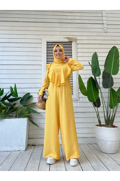 Bym Fashion Shoulder Part Ruffle Cloak Detailed Back Zip Jumpsuit 3780 Yellow