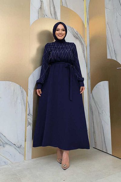 Bym Fashion Πέτρινο Κεντητό Φόρεμα Ζώνη 3830 Μπλε Navy