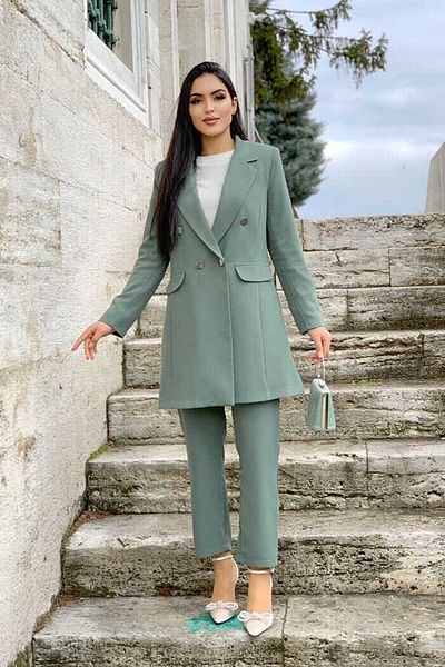 Bym Fashion Button Detailed Short Jacket Trousers Set 8352 Mint