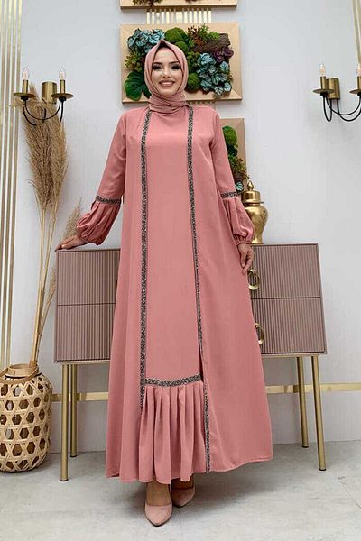 Bym Fashion Stone Detailed Abaya Zero Sleeve Dress Set 3657 Powder