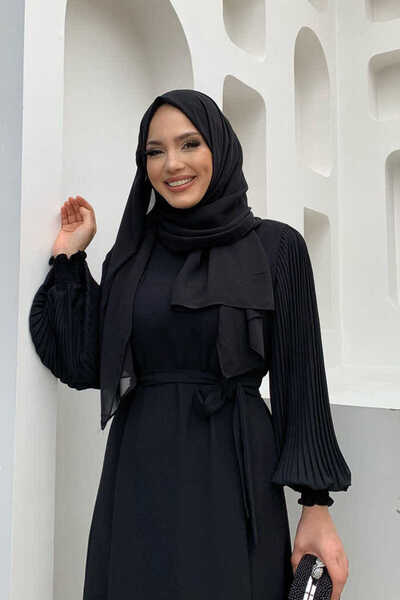 Bym Fashion Skládané šaty v pase s rukávem 3831 černé