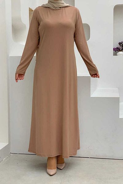 Bym Fashion Plus Size ίσια λαιμόκοψη μακρυμάνικο εσωτερικό αμμώδες φόρεμα 3202-1 μαύρισμα