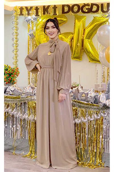 Bym Fashion Ολόσωμη φόρμα σιφόν 3507 βιζόν με πλισέ με μανίκια και γιακά