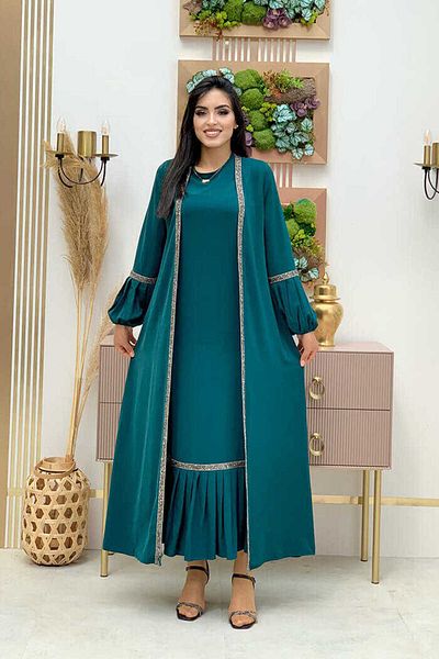 Bym Fashion Πέτρινο Σετ Φόρεμα Abaya Zero Sleeve 3657 Emerald