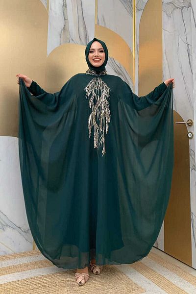 Bym Fashion Βραδινό φόρεμα με παγιέτες σιφόν με καπέλο 3774 Emerald