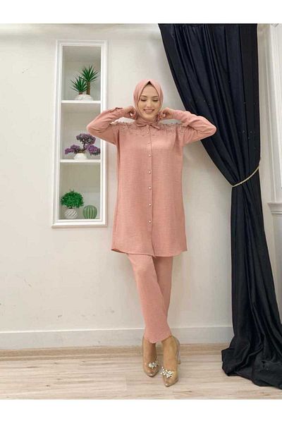 Bym Fashion Shoulder Stone Embroidered Buttoned Tunic and Trousers Set 8430 Powder