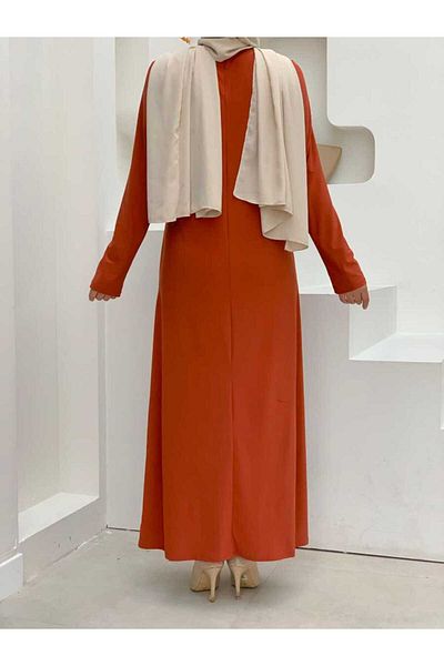 Bym Fashion Plus Size Απλό Πλήρωμα Λαιμόκοψη Μακρυμάνικο Εσωτερικό Αμμώδες Φόρεμα 3202-1 Πλακάκι