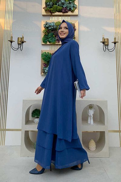 Bym Fashion Layered Look Μανίκια Φόρεμα σιφόν ελαστικό 3060 Indigo