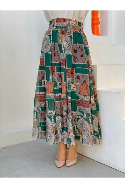 Bym Fashion Φούστα σιφόν με μοτίβο με λεπτομέρειες με χοντρή μέση 1182 Emerald