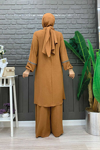 Bym Fashion Stone Embroidery Detailed Tunic Suit with Trousers 8464 Tan