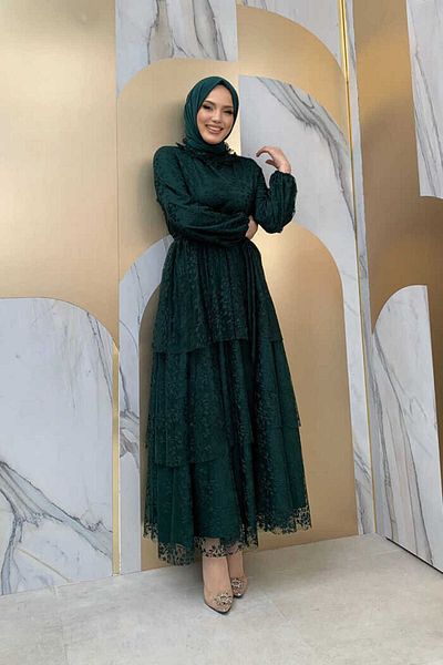 Bym Fashion Δαντελένιο πάτωμα Λεπτομέρεια μανίκια μανίκια ελαστικό φόρεμα με επένδυση 3614 Emerald