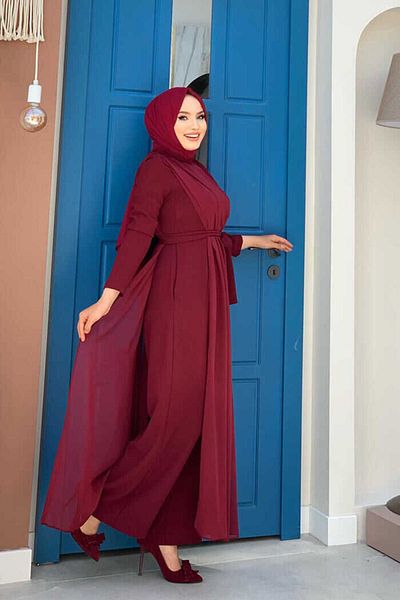Bym Fashion Chiffon Cloak Detail Waist Belted Jumpsuit 3330 Claret Red