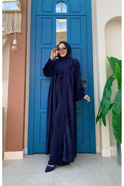 Bym Fashion Δαντελένιο Abaya με ζώνη με τσέπη λεπτομερές σετ φόρμας 3782 Navy Blue