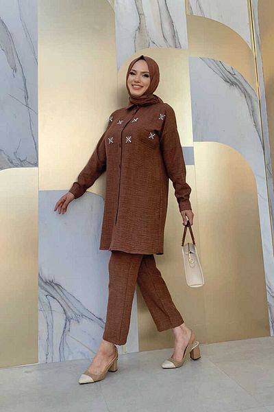 Bym Fashion Πέτρινο Κουμπωτό τουνίκ και Παντελόνι Διπλό Κοστούμι 8404 Καφέ