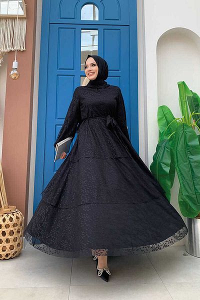 Bym Fashion Δαντελένια παχιά λεπτομέρεια μανσέτες με ελαστική ζώνη φόρεμα 3614 μαύρο