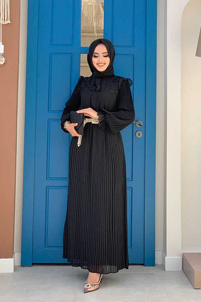 Bym Fashion Φόρεμα με πλισέ ώμο Δαντελένιο γιακά με λεπτομέρεια 3726 Μαύρο