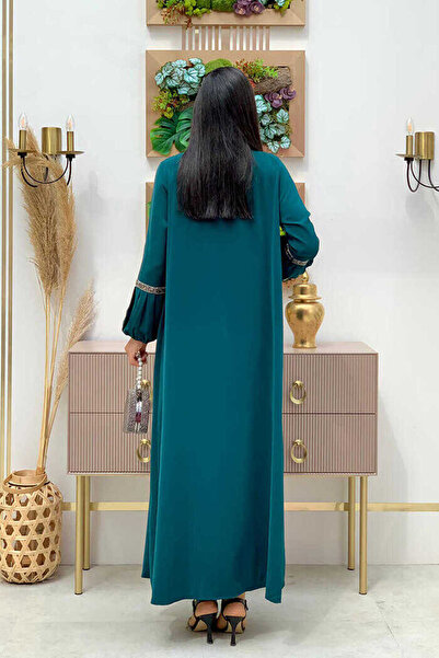 Bym Fashion Stone Detailed Abaya Zero Sleeve Dress Set 3657 Emerald