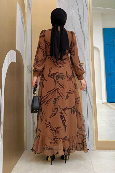 Bym Fashion Yaprak Desen Fırfır Detay Şifon Elbise 3842 Taba