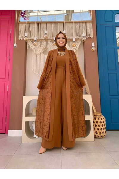 Bym Fashion Δαντελένια Abaya Μέση Ζώνη Τσέπη Λεπτομερές Σετ Jumpsuit 3782 Tan