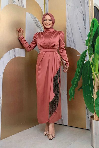 Bym Fashion Φούστα Φούντα Λεπτομέρεια Σατέν Βραδινό Φόρεμα με Αξεσουάρ Ζώνης 3763 Αποξηραμένο Ροζ Μαύρο