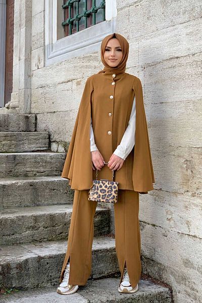 Bym Fashion Σετ τζάκετ και παντελόνι με καπάκι με λεπτομέρεια 8354 Tan