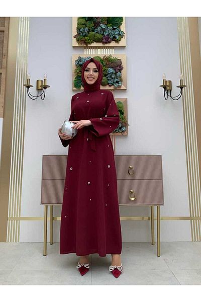 Bym Fashion Stone Detailed Waist Belted Dress 3797 Claret Red