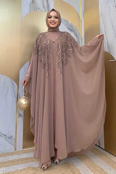 Bym Fashion Σετ βραδινό φόρεμα από σιφόν κάπα με πέτρα Κεντητό σχέδιο 3773 Mink