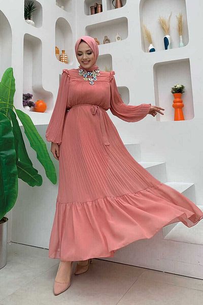 Bym Fashion Πλισέ βολάν Look Waist Belted Chiffon Dress 3628 Powder