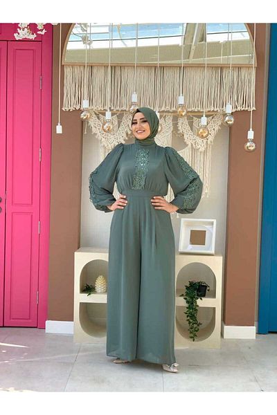 Bym Fashion Lace Embroidery Detail Sleeve Cuffs Elastic Chiffon Jumpsuit 3730 Mint