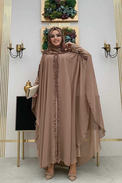 Bym Fashion Σετ βραδινού φορέματος με κουκούλα, βολάν, λεπτομερή φόρεμα με μπαλάκι 3778 Mink