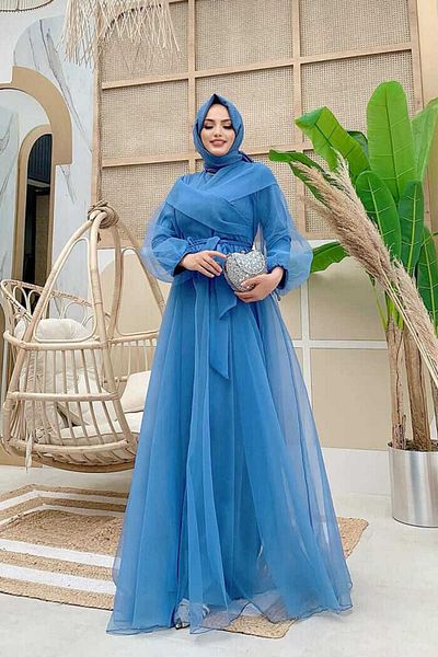 Bym Fashion Abendkleid aus Tüll mit Schulterstreifendetail und Taillenschnürung 3964 Indigo