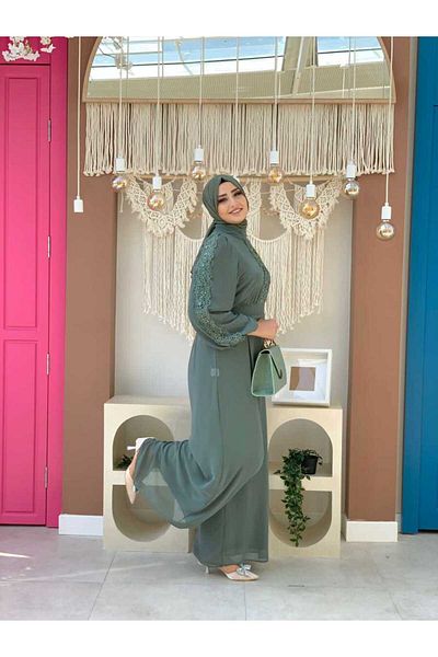Bym Fashion Lace Embroidery Detail Sleeve Cuffs Elastic Chiffon Jumpsuit 3730 Mint