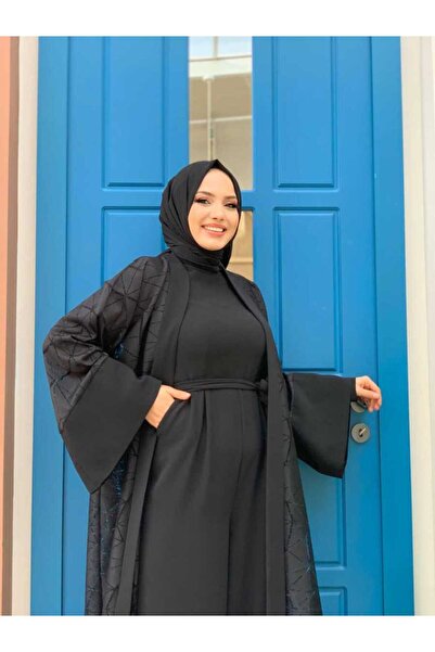 Bym Fashion Lace Abaya Waist Belted Pocket Detailed Jumpsuit Set 3782 Black