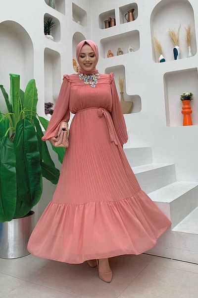 Bym Fashion Πλισέ βολάν Look Waist Belted Chiffon Dress 3628 Powder
