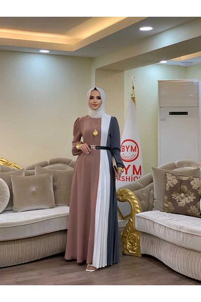 Bym Fashion Τρίχρωμη ζώνη μέσης πιέτες λεπτομέρειας φόρεμα 3622 καπνιστό
