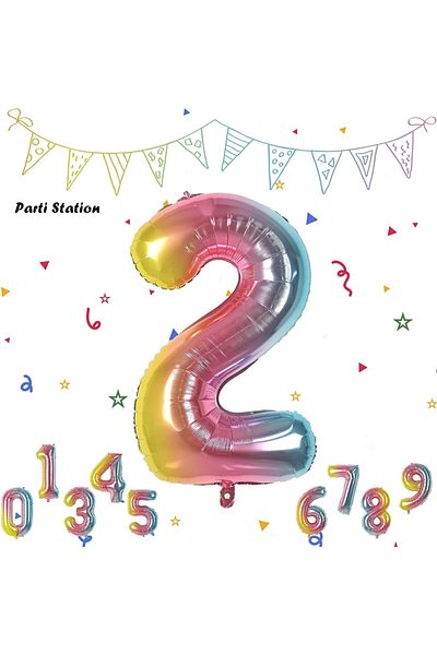 Parti Station بالون رقم فويل بالون قوس قزح رقم بالون ملون لعمر سنتين، بالون رقم 76 سم، بالون طائر، بالون هيليوم
